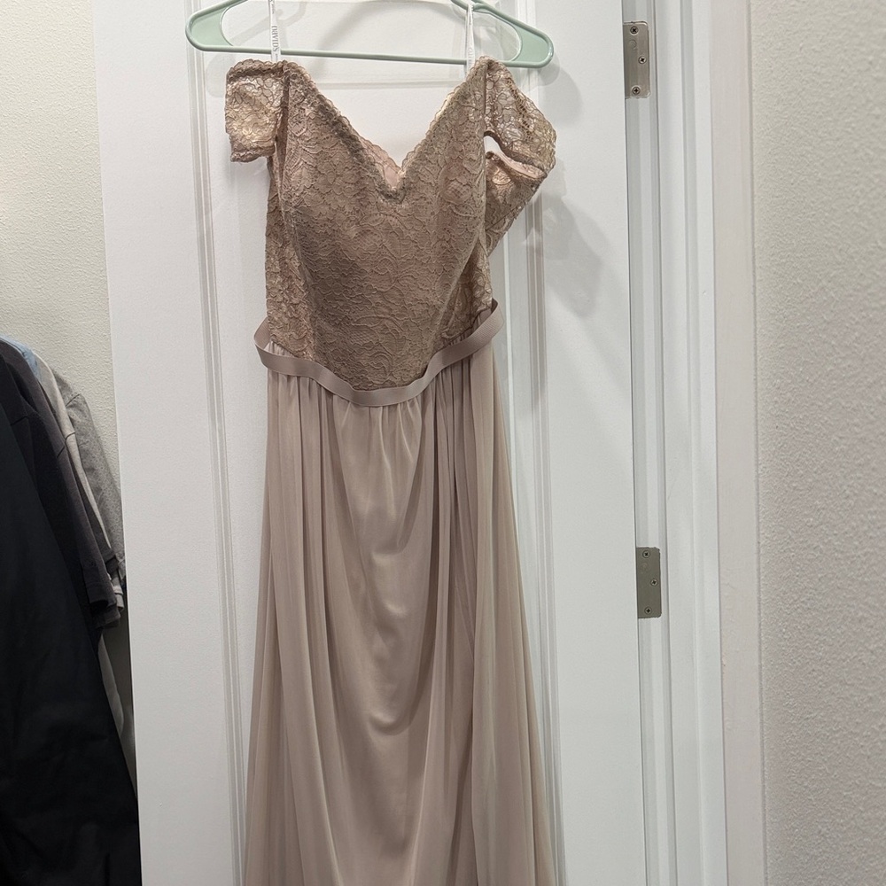 David's Bridal Off the Shoulder Lace Dress in Blush